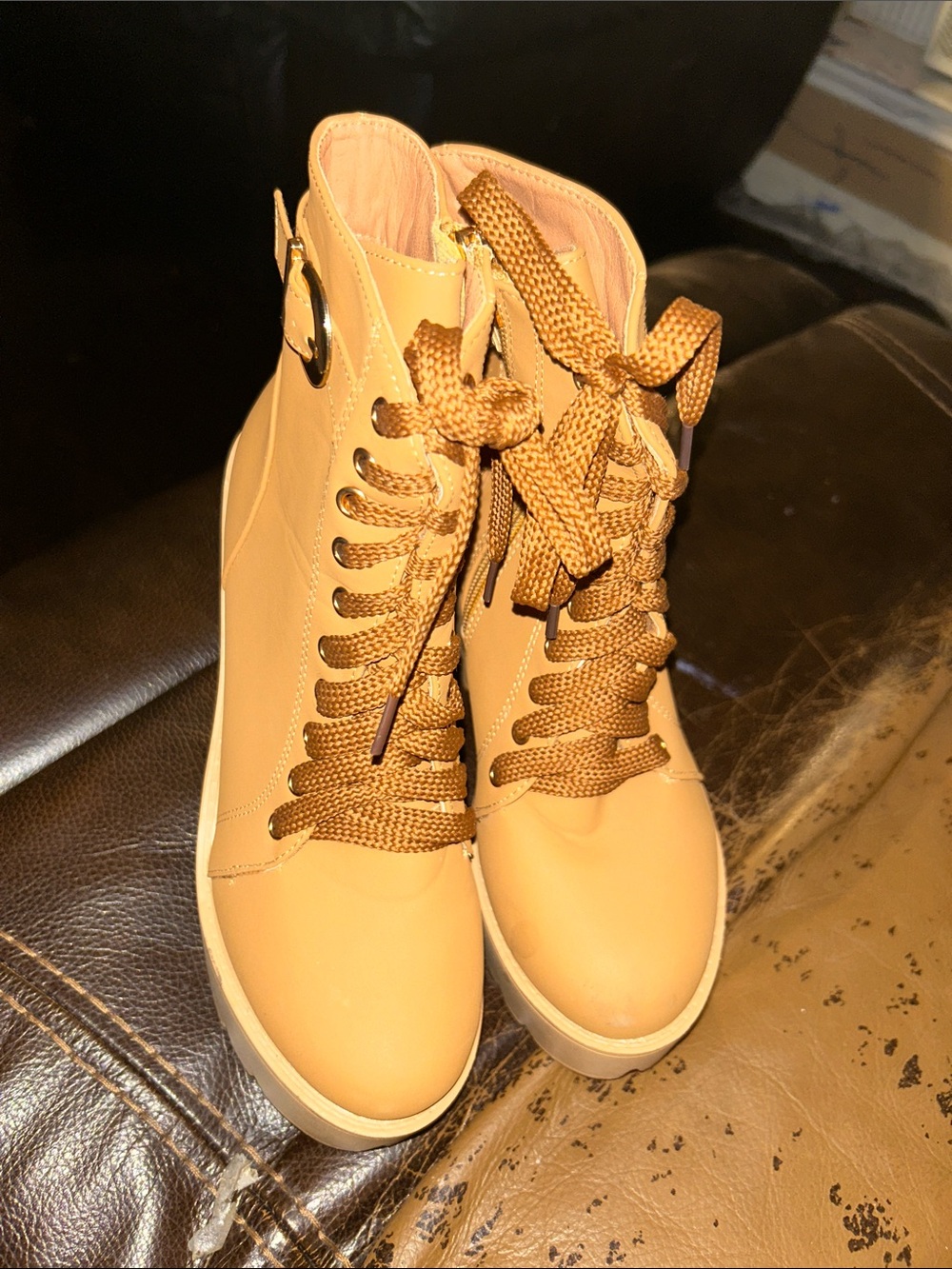 SHEIN Tan Lace-Up High-Top Boots